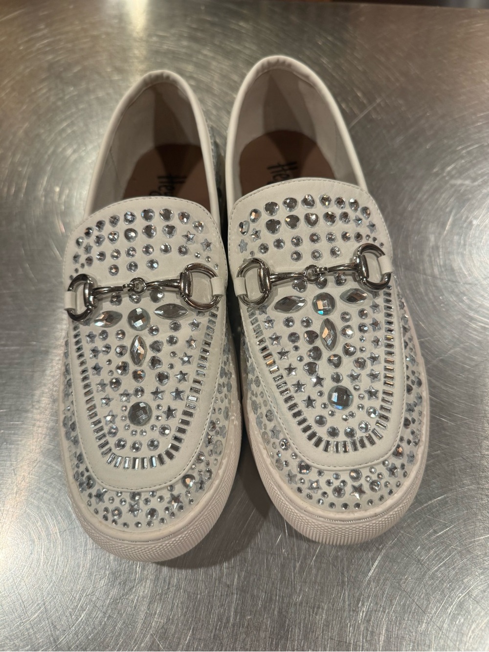 White Crystal-Embellished Slip-On Loafers with Metal Bit-Hey Girl by Corky’s